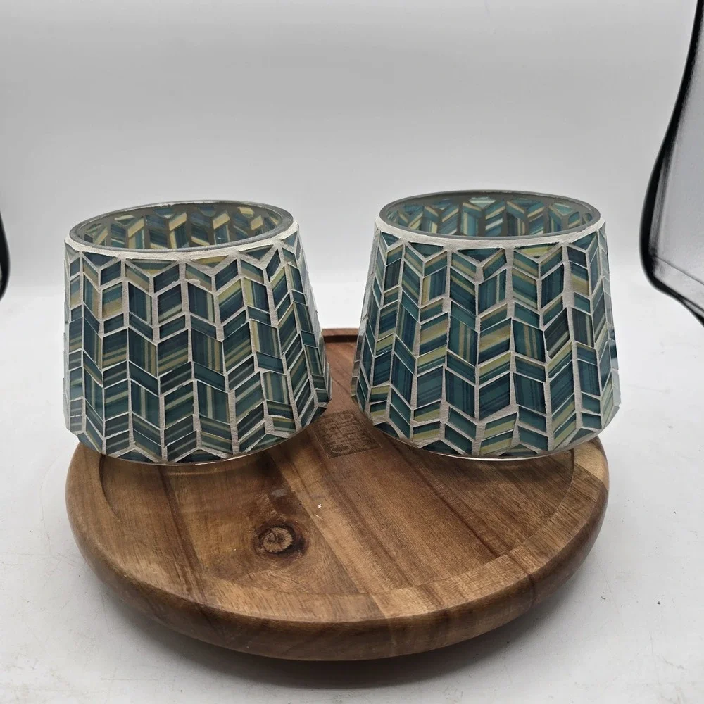 X2 Yankee Candle Large Jar Shade BLUE MOSAIC Artistic Herringbone Blues Teals